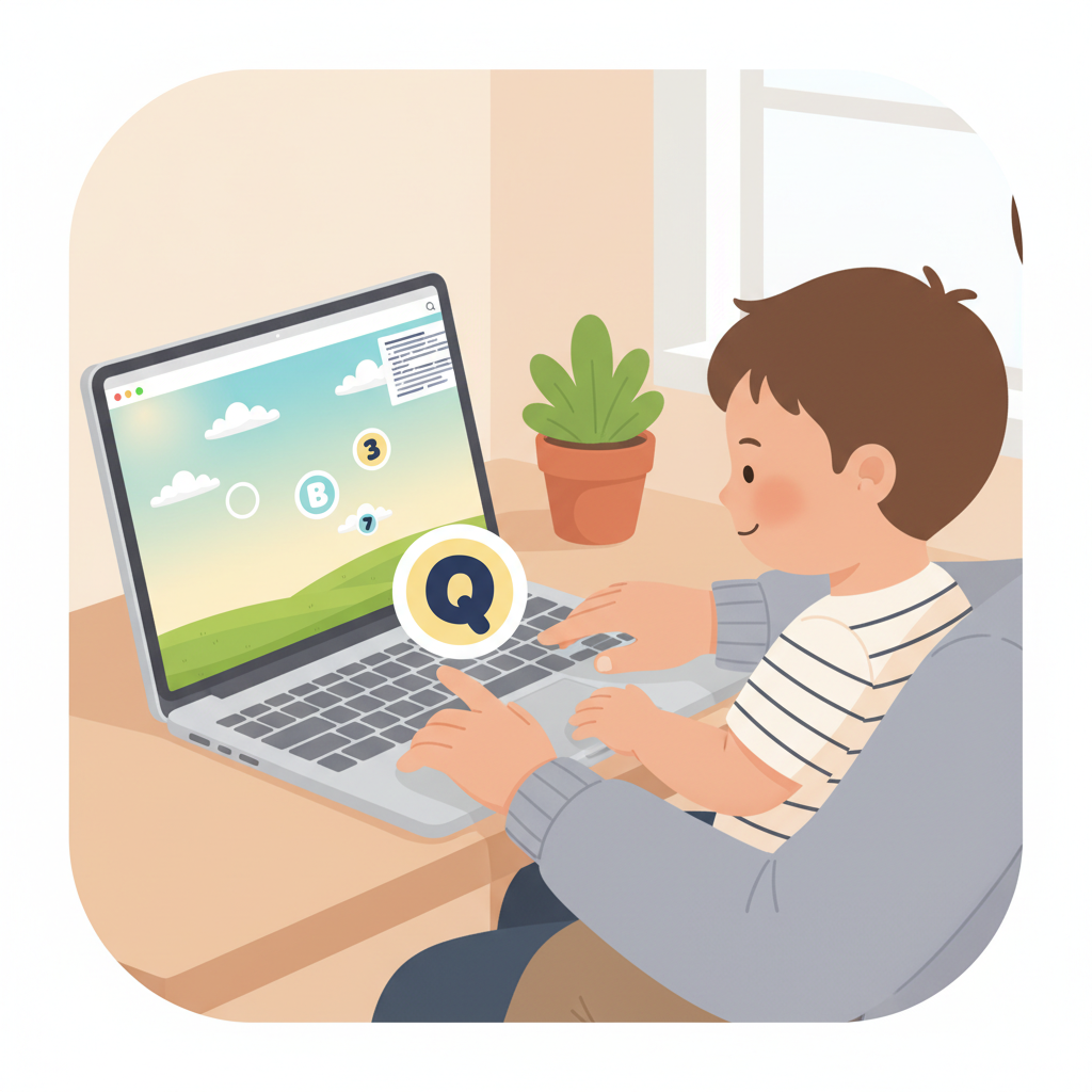 Caregiver and toddler at a desk for calm co-play with a physical keyboard